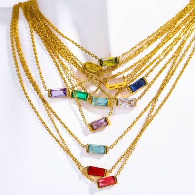 Simple Square Pendant Birthstone Necklace Gold Plated Bracelet 6