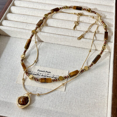 Vintage Double layered Tiger Eye Bead Necklace Pendant Necklace 3