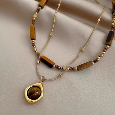 Vintage Double layered Tiger Eye Bead Necklace Pendant Necklace 5