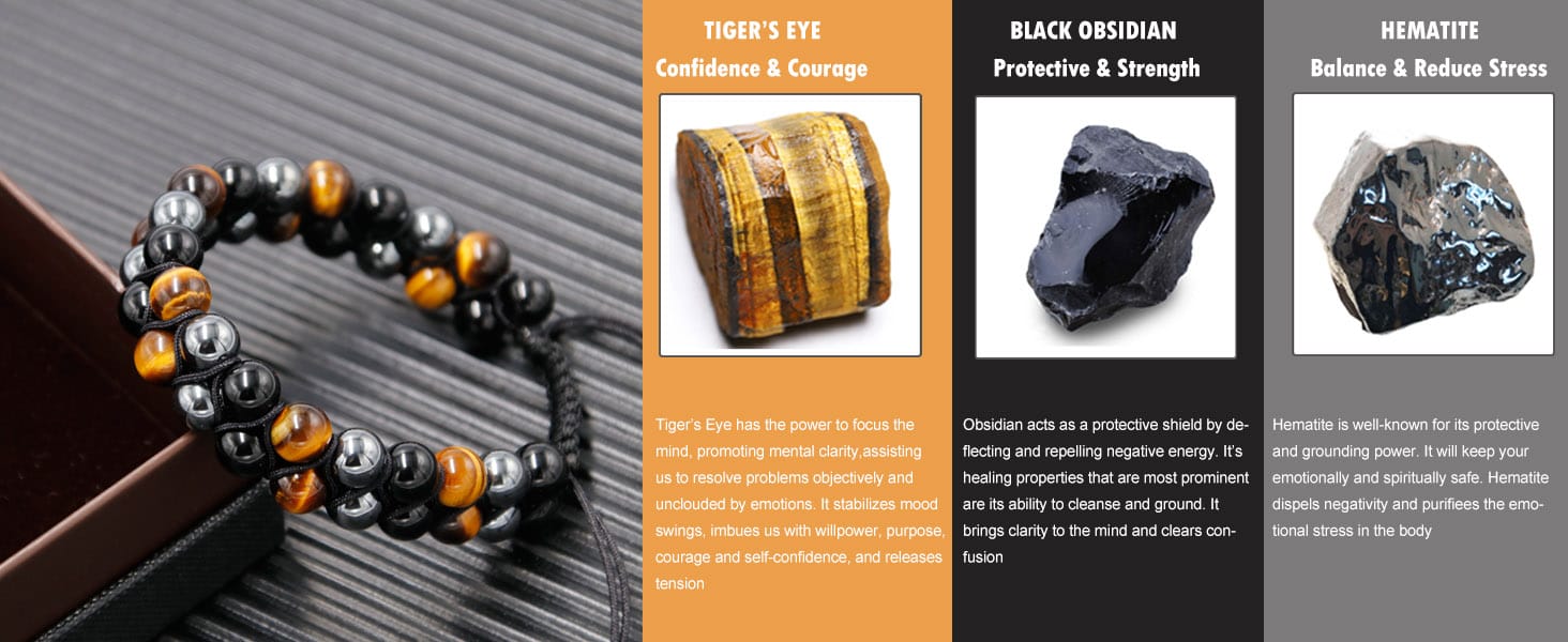 Triple Protection Bracelet: Tiger Eye, Black Obsidian, & Hematite 6, 8, Or 10 Mm Round
