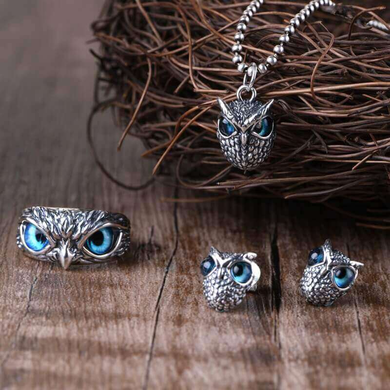 Silver-Owl-Vintage-Ring-Pendant-Earrings