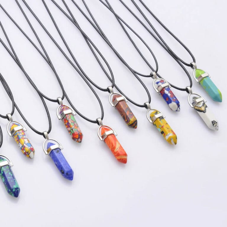 Pwsap 5 Pieces in 2 Styles Hexagonal Crystal Necklaces for Women Girls, Natural Quartz Pendant Necklace, Healing Crystal Gemstone Necklaces with 2 Pieces Wax Rope Standby, Quartz