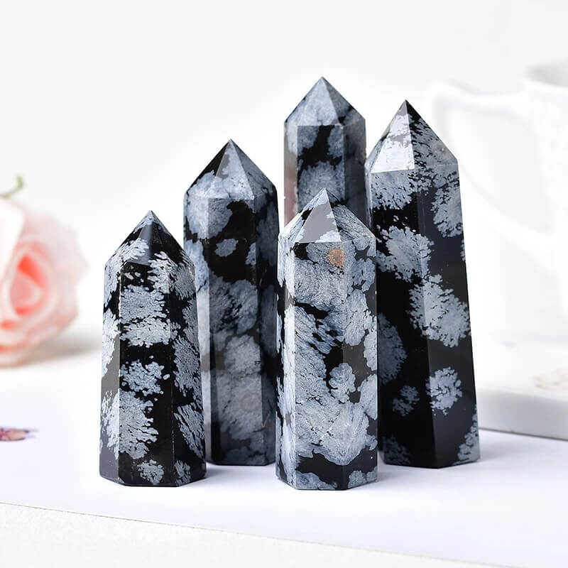Snowflake Obsidian Quartz Crystal Point Tower