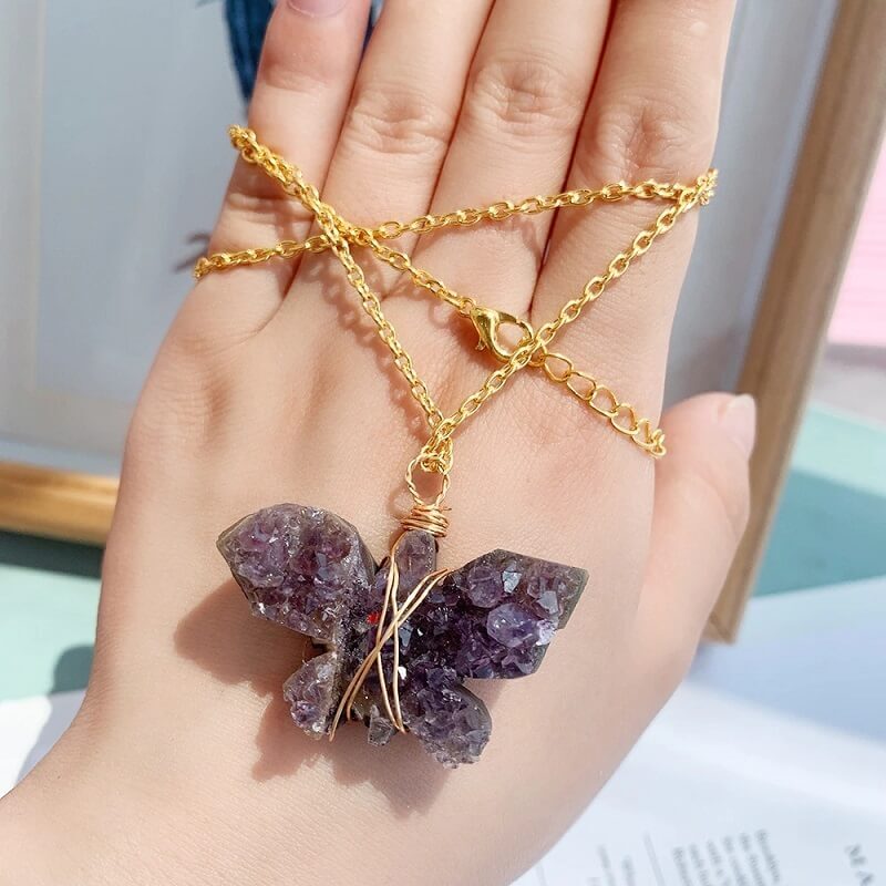 Amethyst Cluster Gold Wire Butterfly Necklace