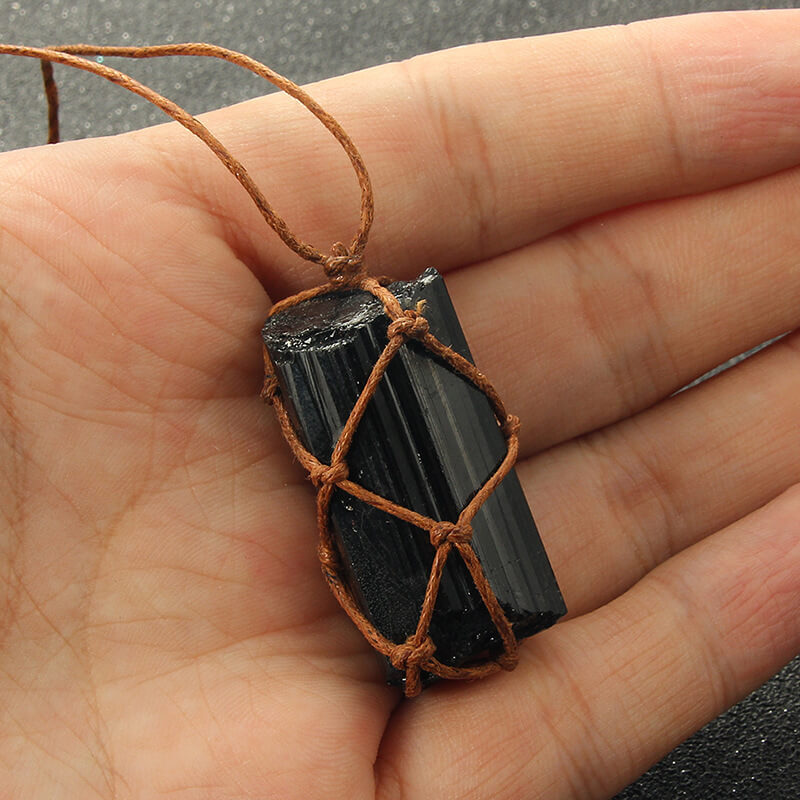 Rough Black Tourmaline Necklace Hand Woven 1