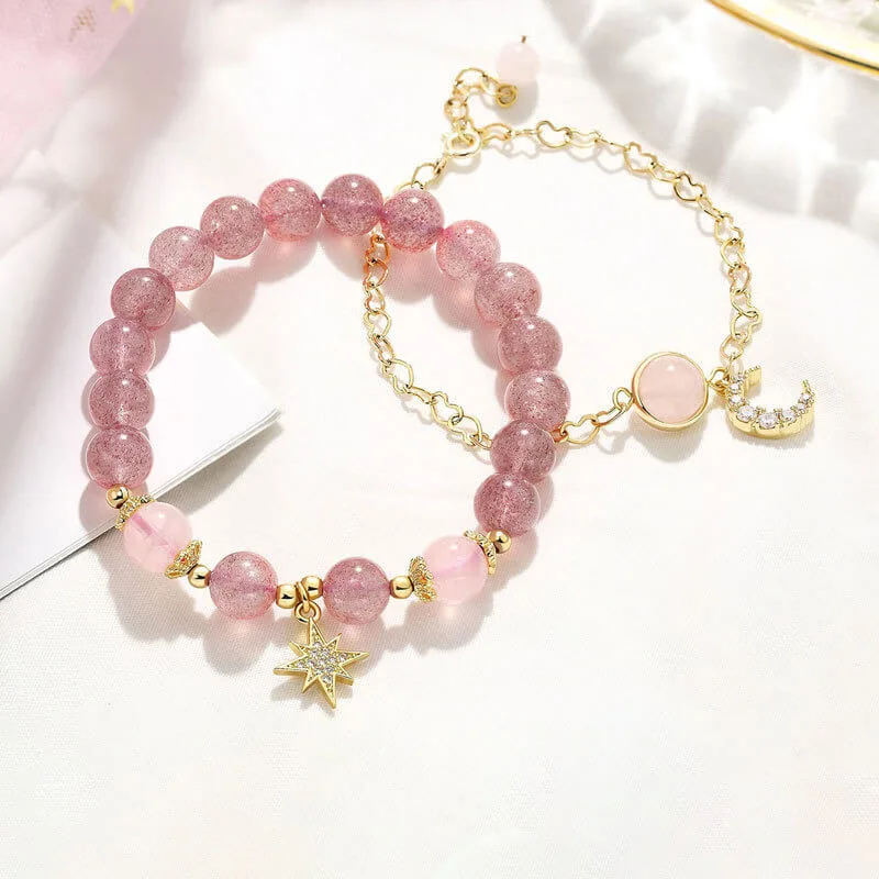 Rose Quartz Bracelet Moon Star Beads Set