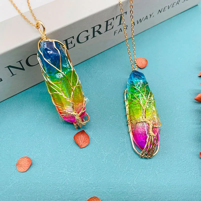 Rainbow quartz Chakra Wire Wrapped Pendant Necklace