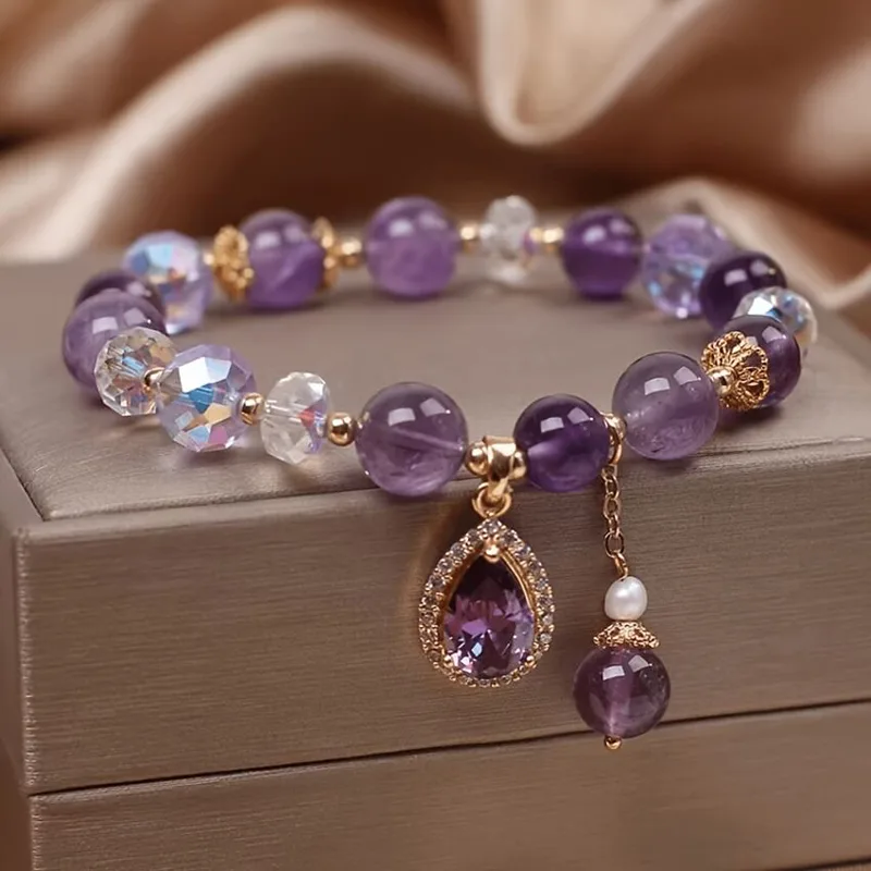 Elegant Amethyst Bead Bracelet With Water Drop Pendant