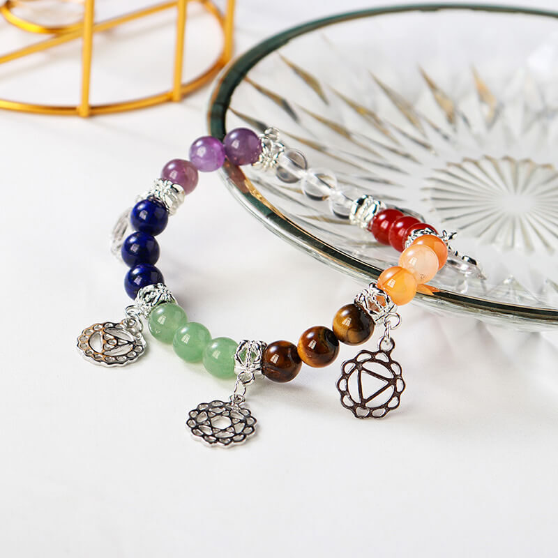 crystal bracelet 7 chakras silver symbol