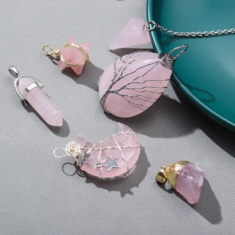 Tree Of Life Clear Rose Quartz Necklace Set