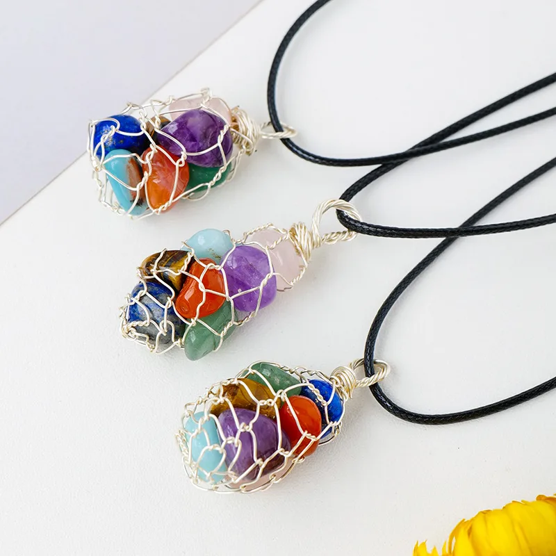 Colored Crystal Tumbled Stones Necklace Copper Wire Mesh - Image 2