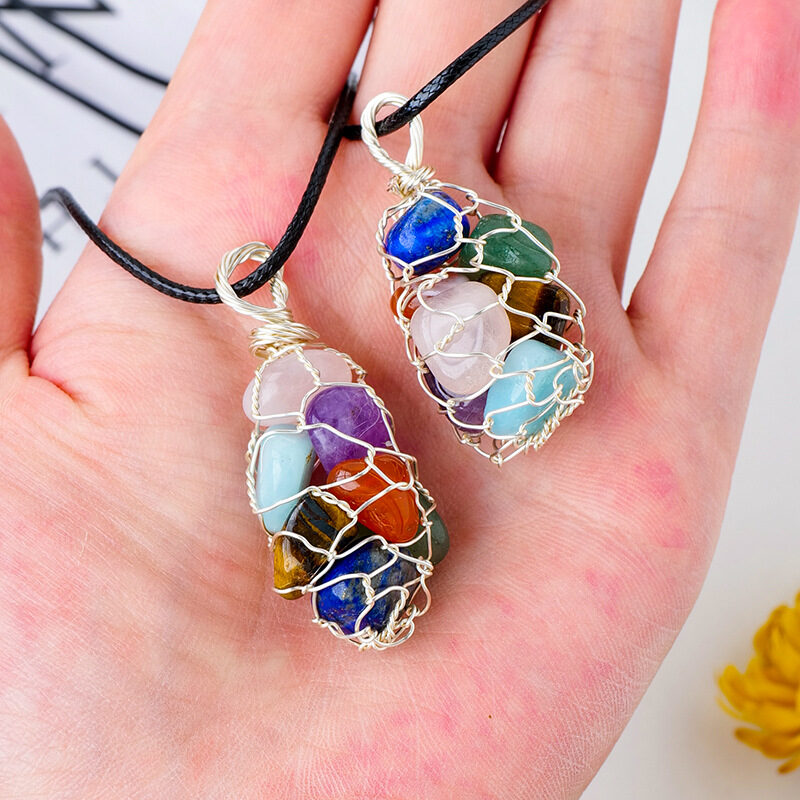 Coloured Crystal Tumbled Stones Necklace Copper Wire Mesh 2