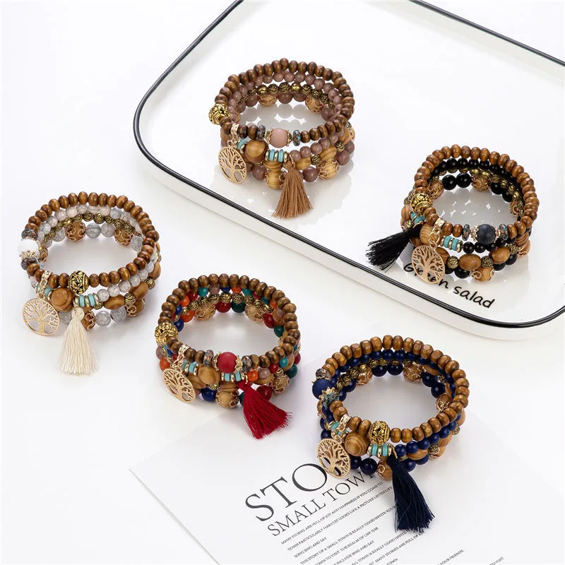 Bohemian Wooden Crystal Bead Bracelet Set Bulkの別ビュー
