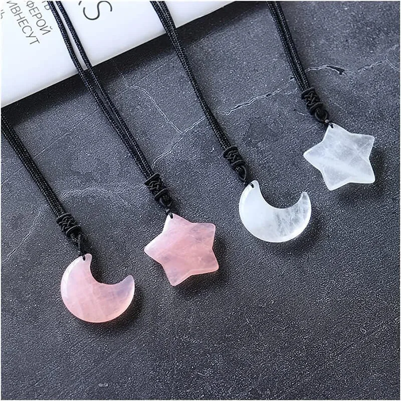Rose Quartz Crystal Star and Moon Necklace