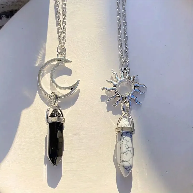 2 Pack Vintage Sun Moon Hexagon Crystal Pendant