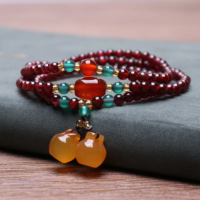 Red Garnet Gemstone Triple Layers Bracelet For Female