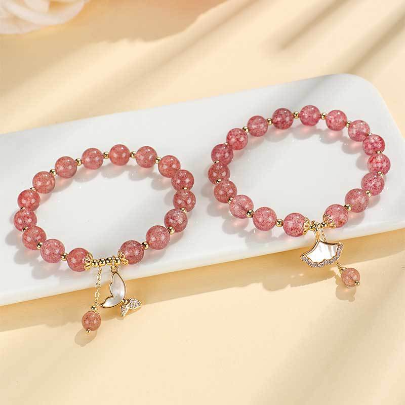 Strawberry Quartz Butterfly Beaded Bracelet Jewelry Gift