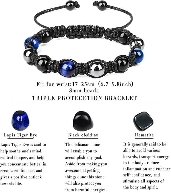Vue alternative de Triple Protection Bracelet-Tiger Eye Black Obsidian and Hematite Beads for Man and Women