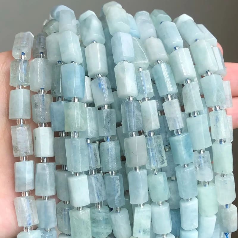 Genuine Aquamarine Gemstone Beads for Jewelry Making Faceted Columnar Shape Strand  (1)