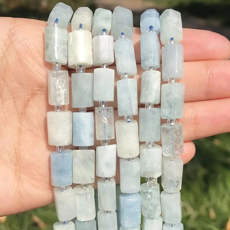 Vue alternative de Genuine Aquamarine Gemstone Beads for Jewelry Making Faceted Columnar Shape Strand (28-30pcs)