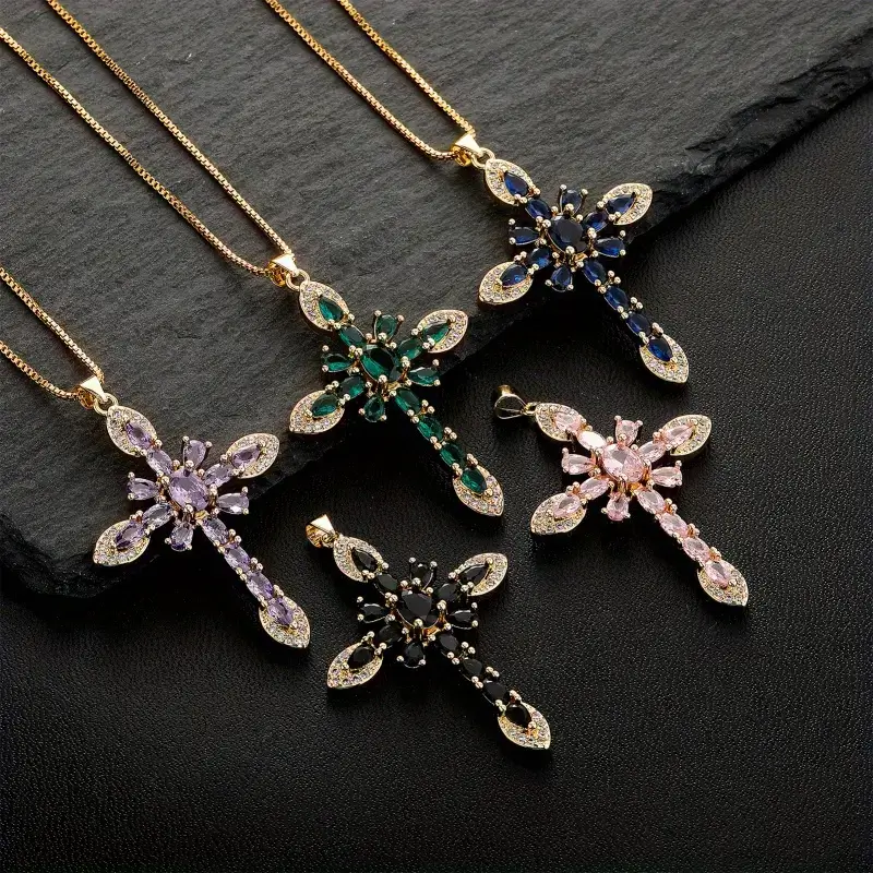 Flower Heart Cubic Zirconia Cross Nacklace show