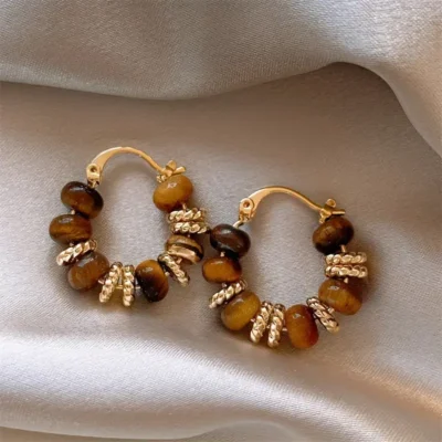 Retro French Tiger Eye Hoop Earrings Wholesale (1)