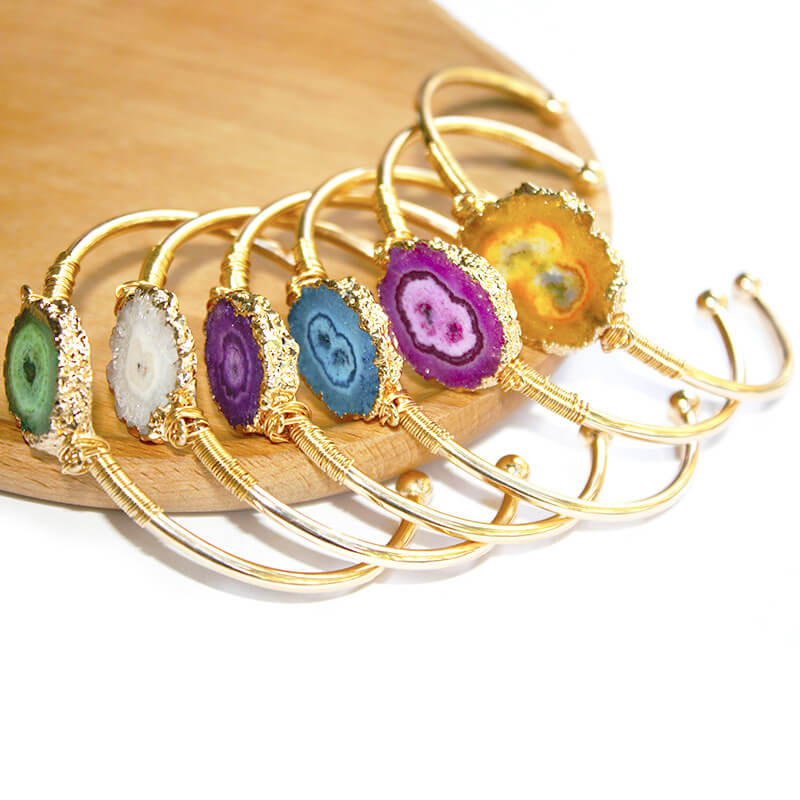 Sun Flower Raw Gemstone Bracelets Gold Plated Bangle show