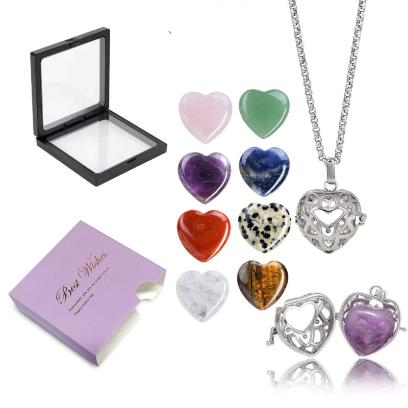 7 Chakra Crystal Stone Hollow Heart Necklace Set 8 pieces