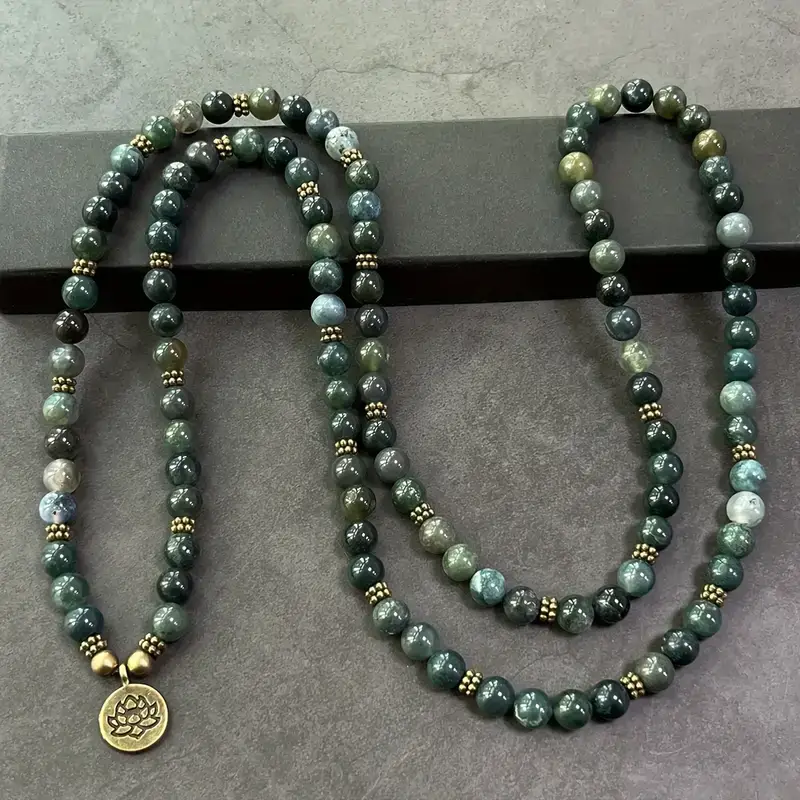 8mm Moss Agate Bead Necklace with Lotus Charm
