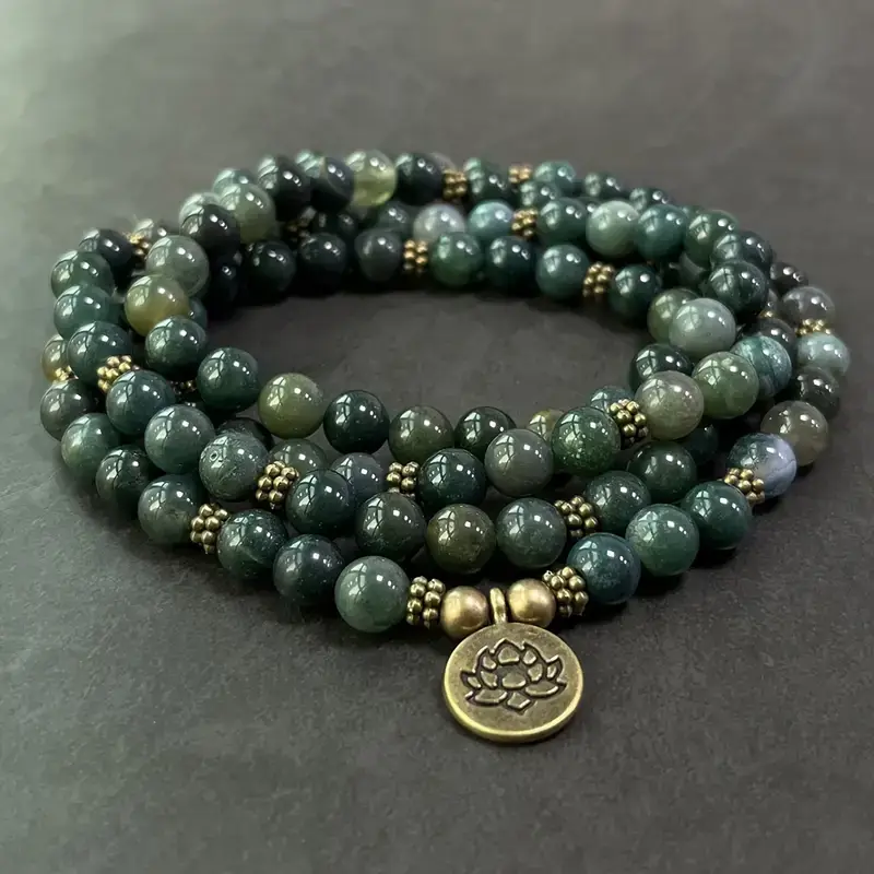 8mm Moss Agate Bead Necklace with Lotus Charm 4
