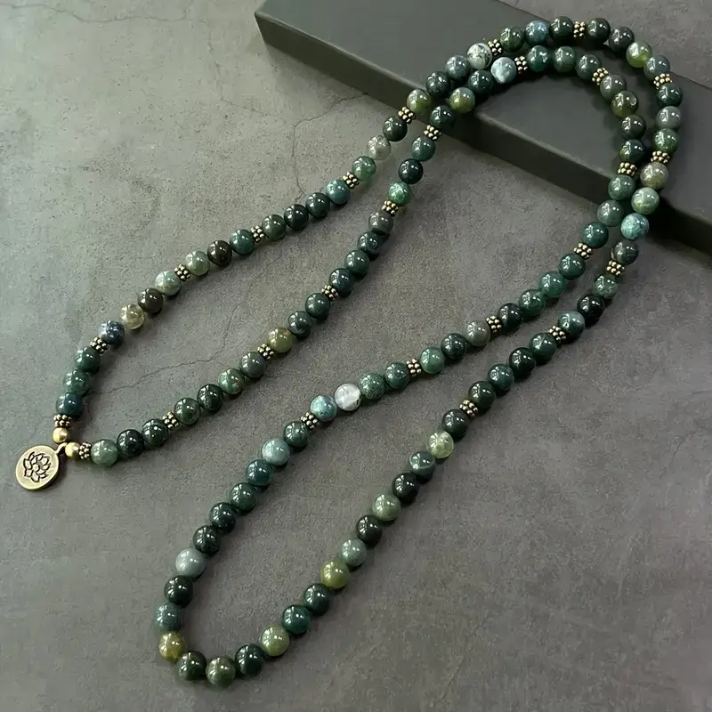 8mm Moss Agate Bead Necklace with Lotus Charm 6