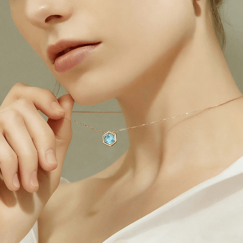 Alternative view of Dainty 10K Gold Plated Hexagonal Aquamarine Gemstone Necklace​