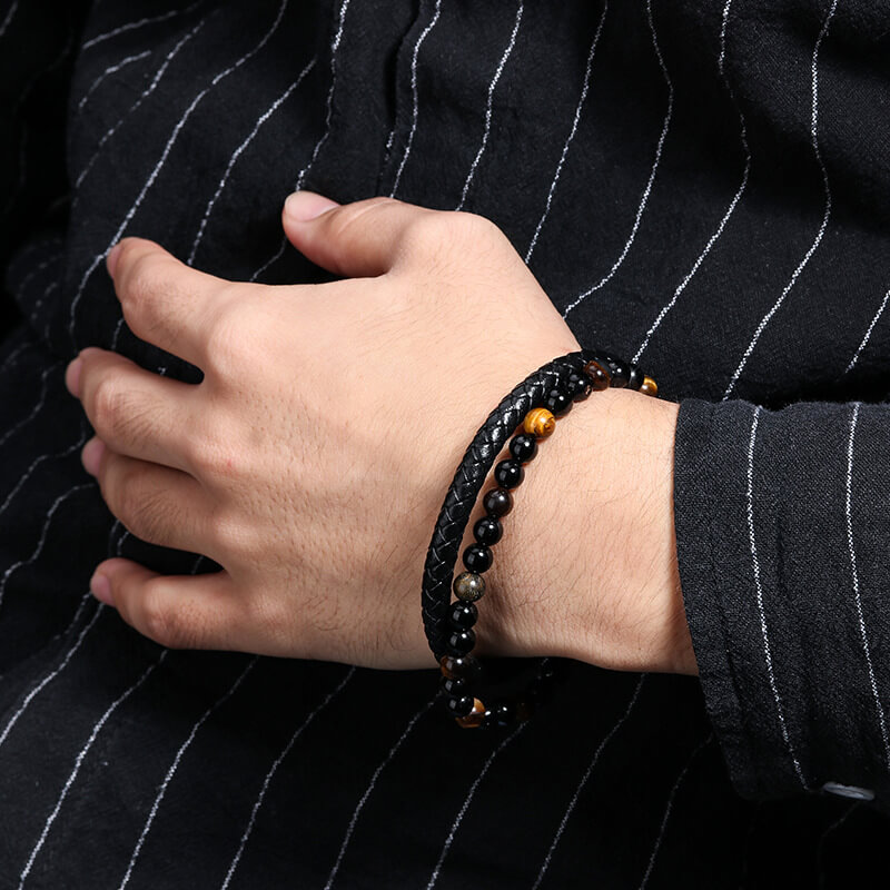 Alternative view of Double Layered Hand-woven Leather and Crystal Bracelets