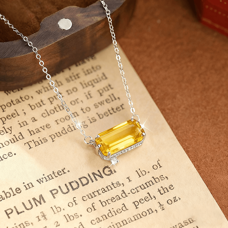 Elegant S925 Silver Square Citrine Birthstone Necklace Chain 2