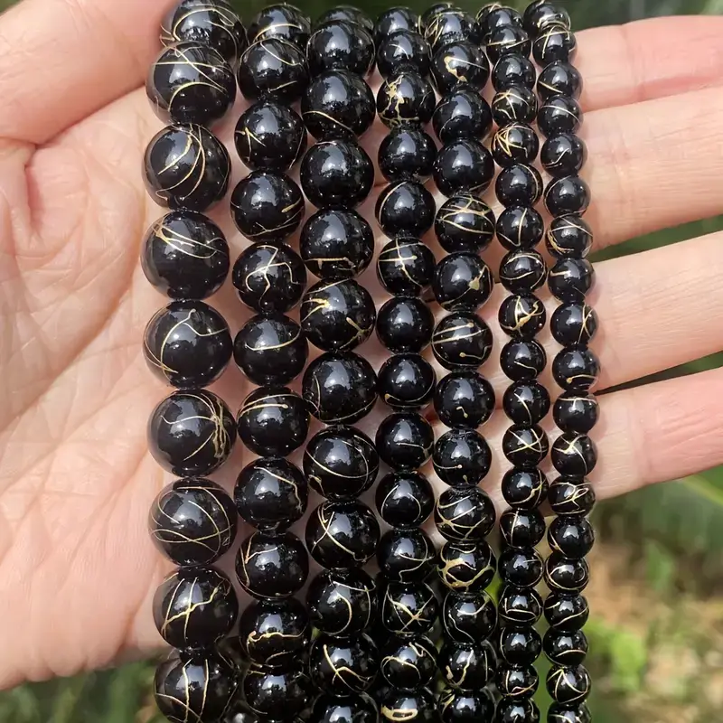 Golden Veining Black Agate Gemstone Beads Bulk