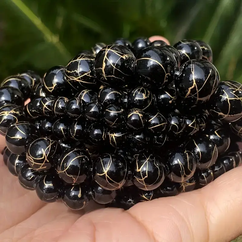 Golden Veining Black Agate Gemstone Beads Bulk 7