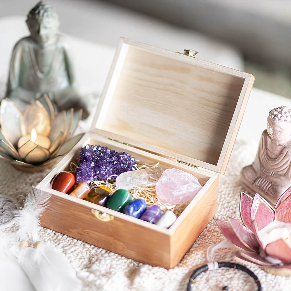 Healing Crystal Raw Stone Set in Wooden Box