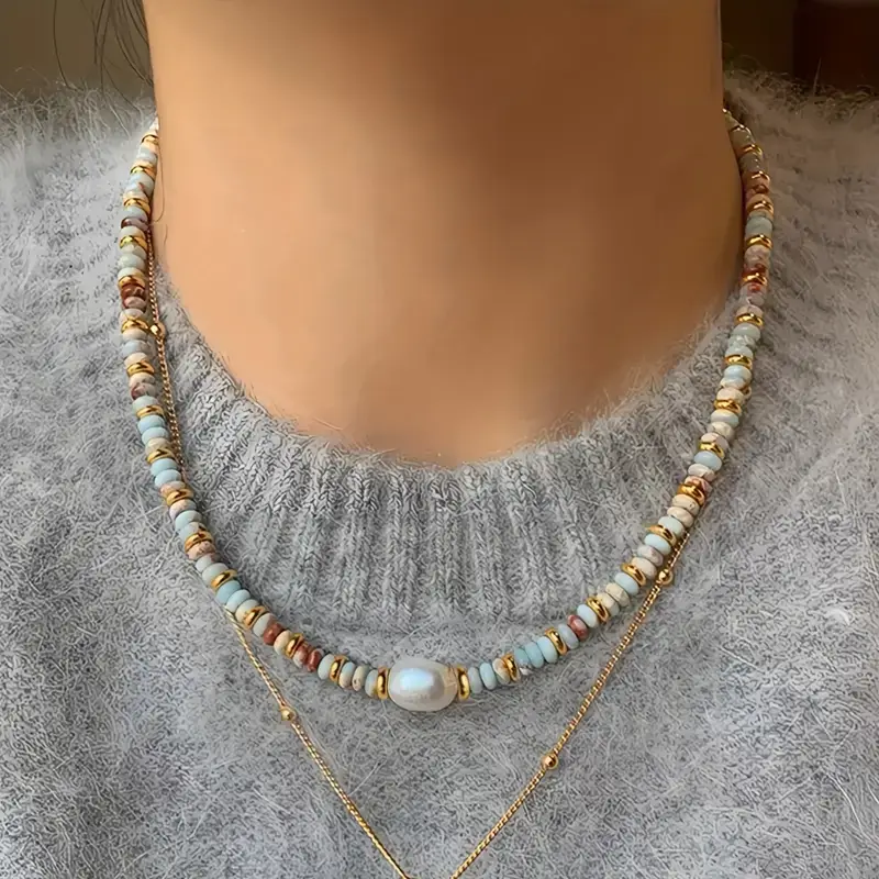 Shoushan Stone Beads Necklace with Freshwater Pearl 2