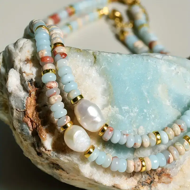 Shoushan Stone Beads Necklace with Freshwater Pearl 4