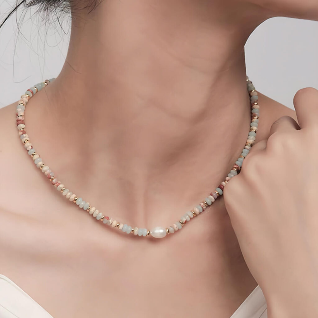 Shoushan Stone Beads Necklace with Freshwater Pearl - obrazek 7