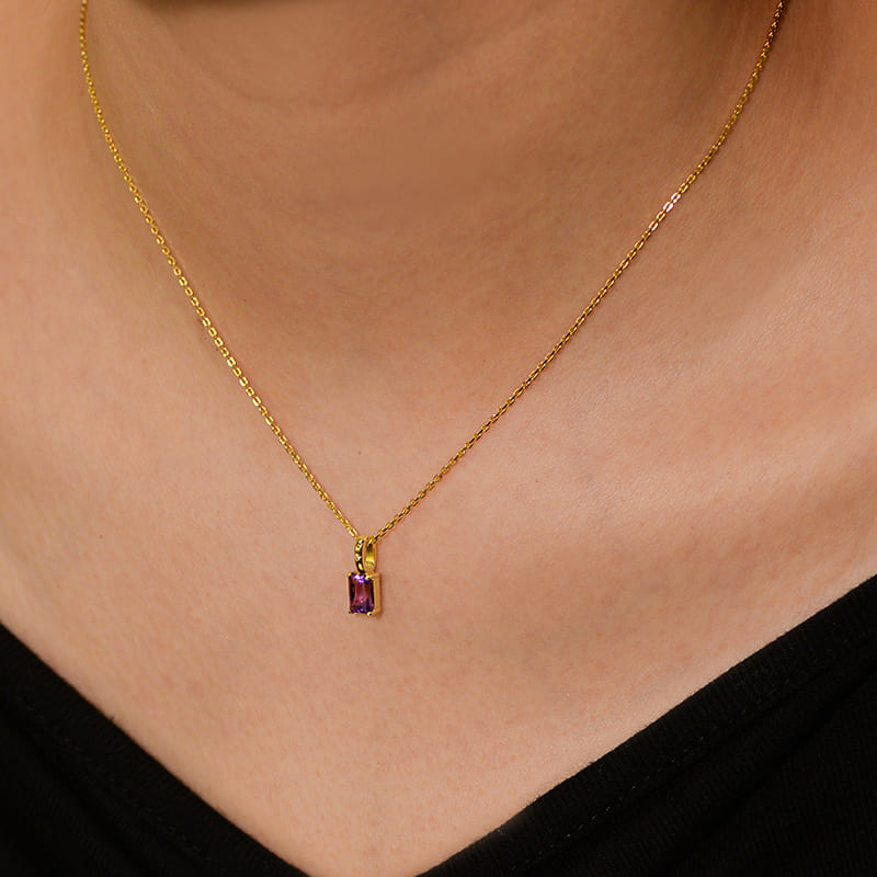 Simple S925 Silver Natural Square Amethyst Birthstone Necklace 2