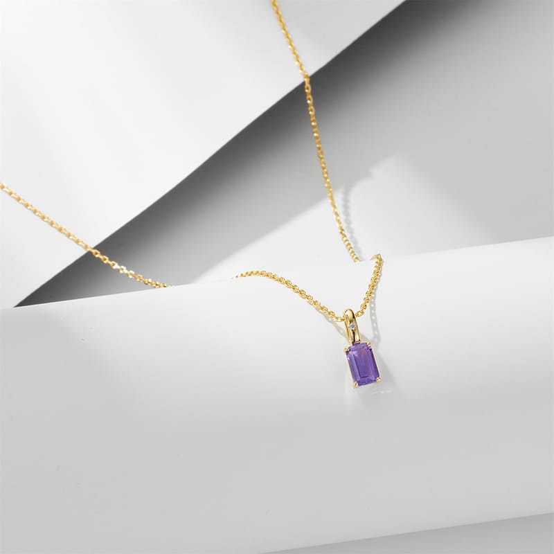Simple S925 Silver Natural Square Amethyst Birthstone Necklace-GOLD