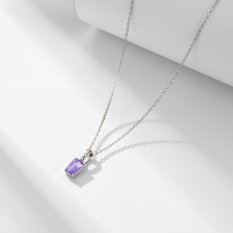 Simple S925 Silver Natural Square Amethyst Birthstone Necklace-SILVER
