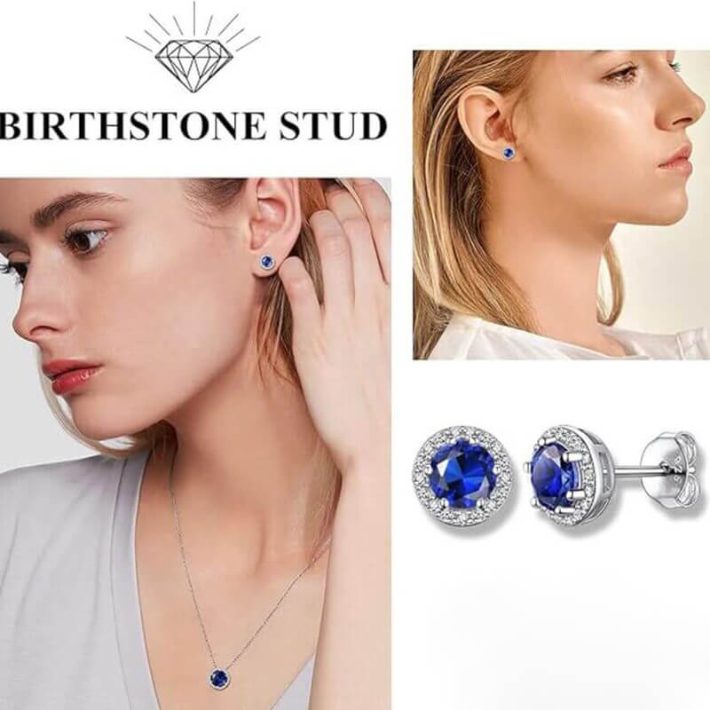 Sparkling 925 Sterling Silver 8mm Round Blue Sapphire Stud Earrings_ with Zircon (3)