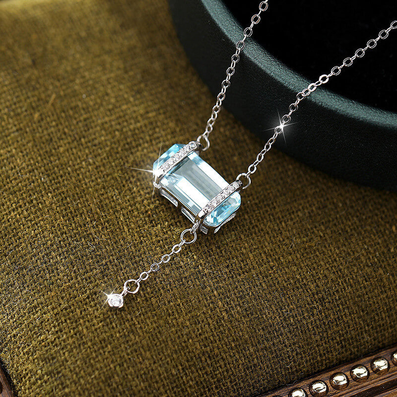 Square Birthstone Blue Topaz Necklace with S925 Silver Chain 2