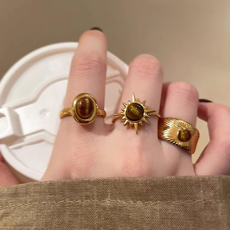 Sunflower Alloy Open Tiger Eye Ring Gold Plated for Women