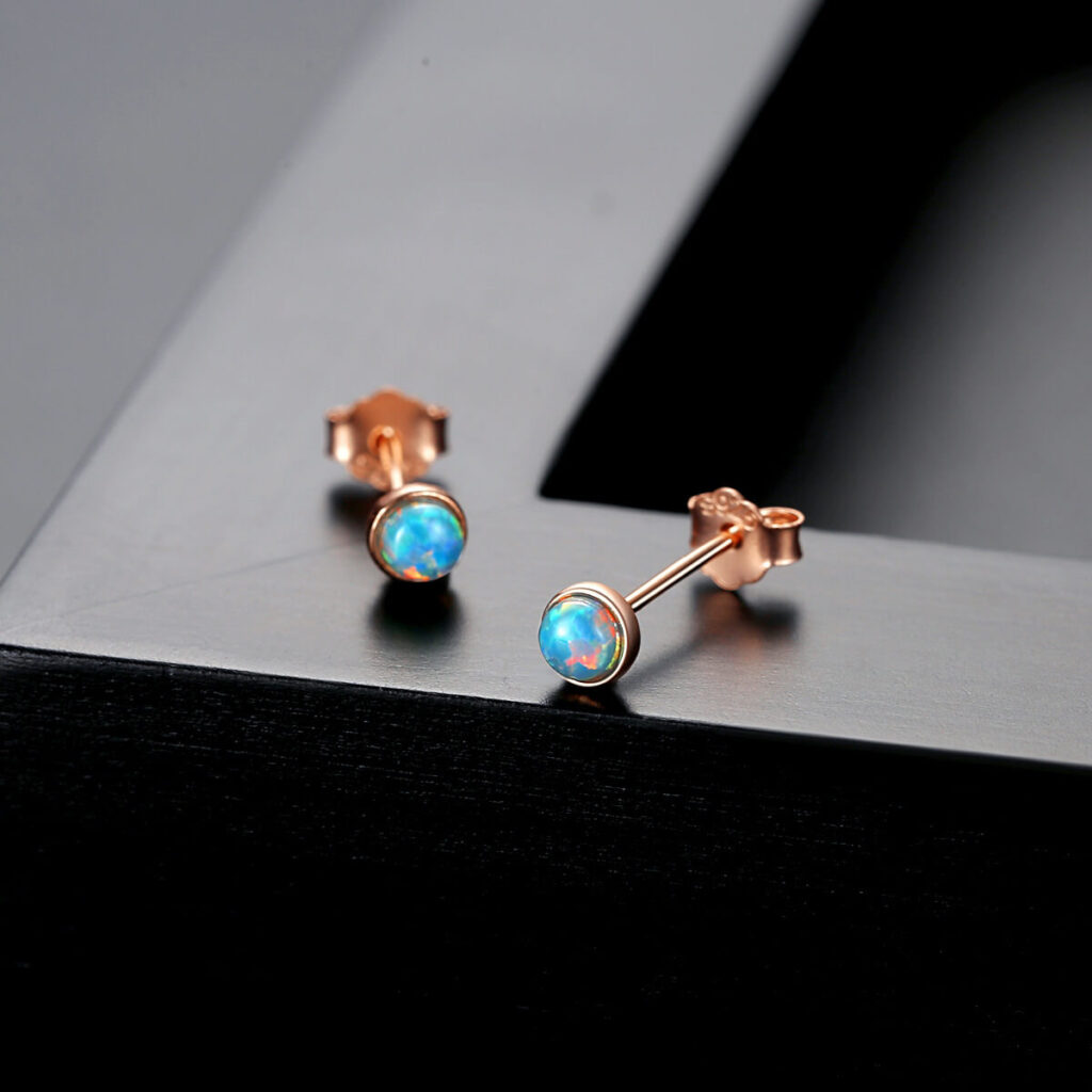 Tiny Blue Fire Opal Stud Earrings S925 Silver - obrazek 3