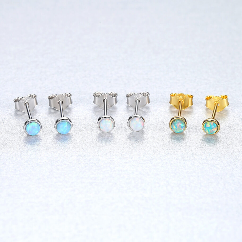 Tiny Blue Fire Opal Stud Earrings S925 Silver - obrazek 8