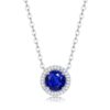 Trendy 925 Sterling Silver Halo Round Blue Sapphire Necklace