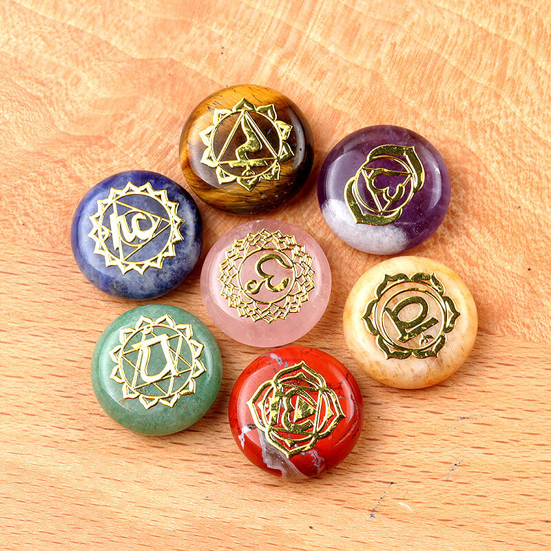 7PcsSet Chakra Healing Stones Round Yoga Stone Spirit Symbol 4